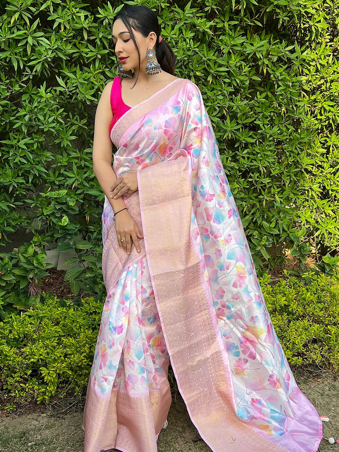Tussar Silk White Colour Saree With Floral Prints and Delicate Tassels