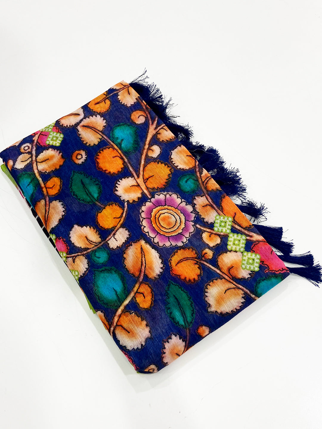 Navy Blue Linen Floral Kalamkari Print Saree