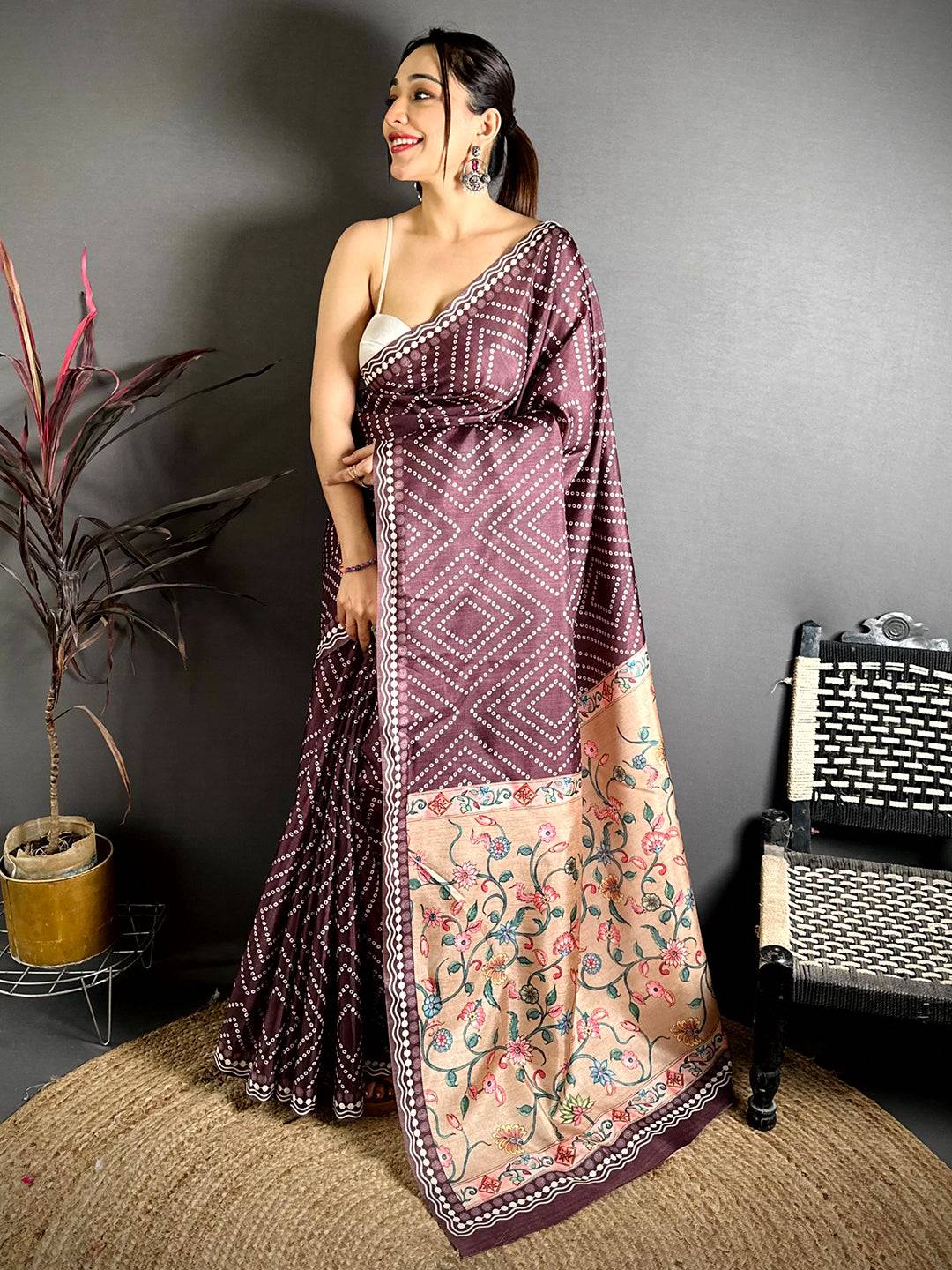 Regal Tussar Bandhej Kalamkari Saree