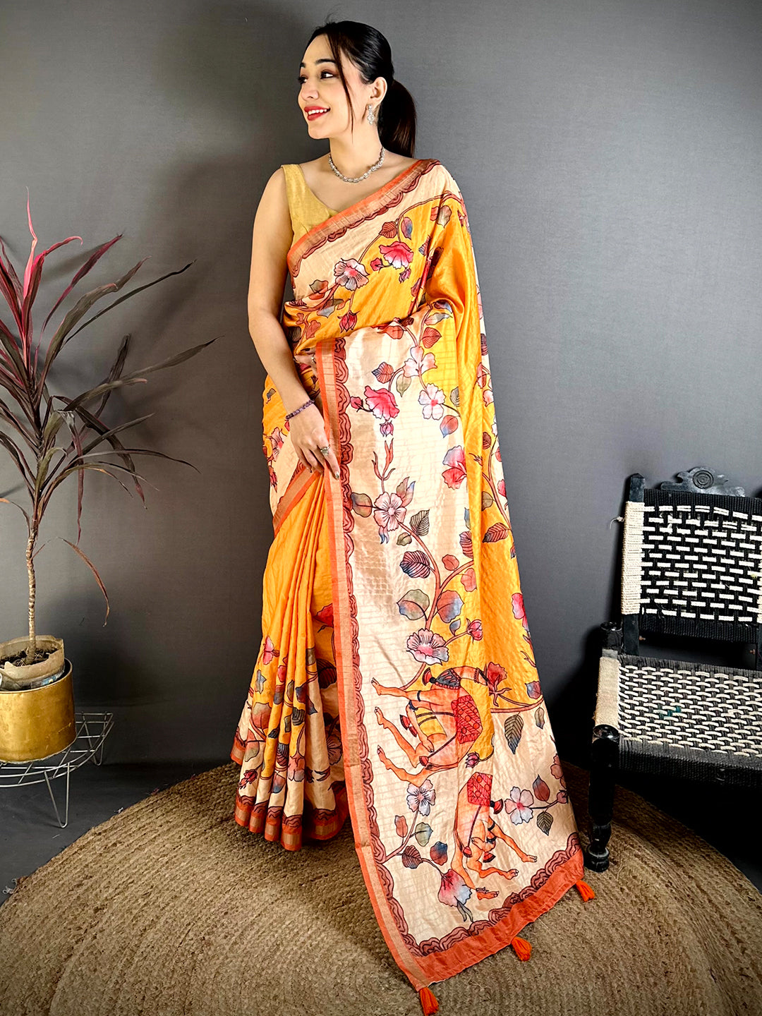 Artistic Kalamkari Art Print Saree