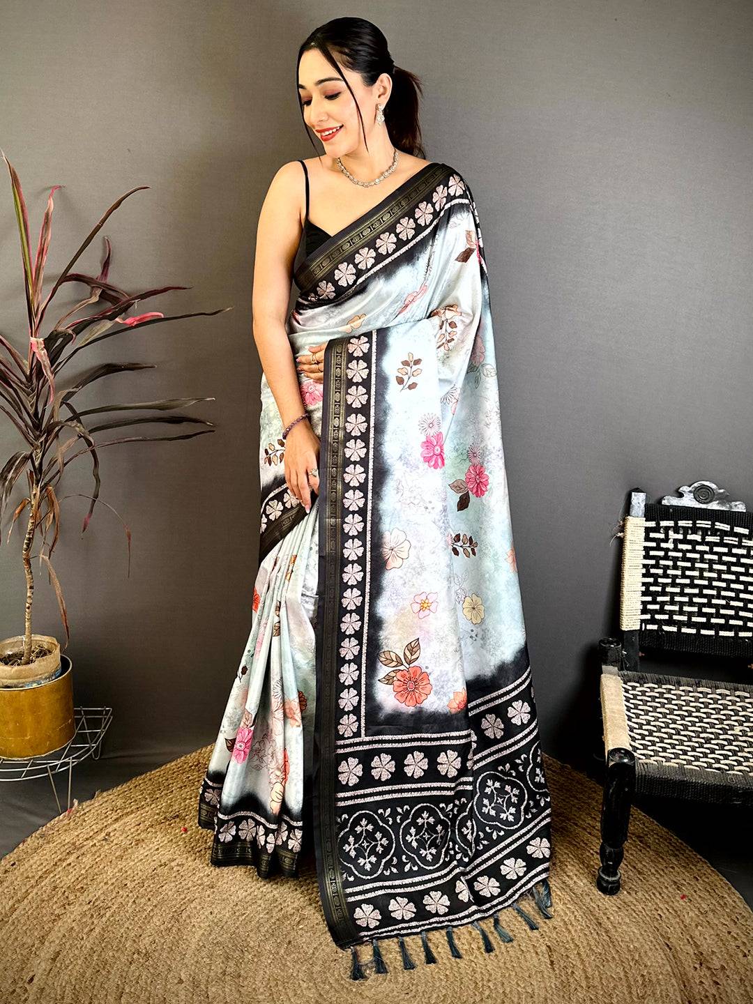 Heritage Floral Soft Silk Zari Border Saree