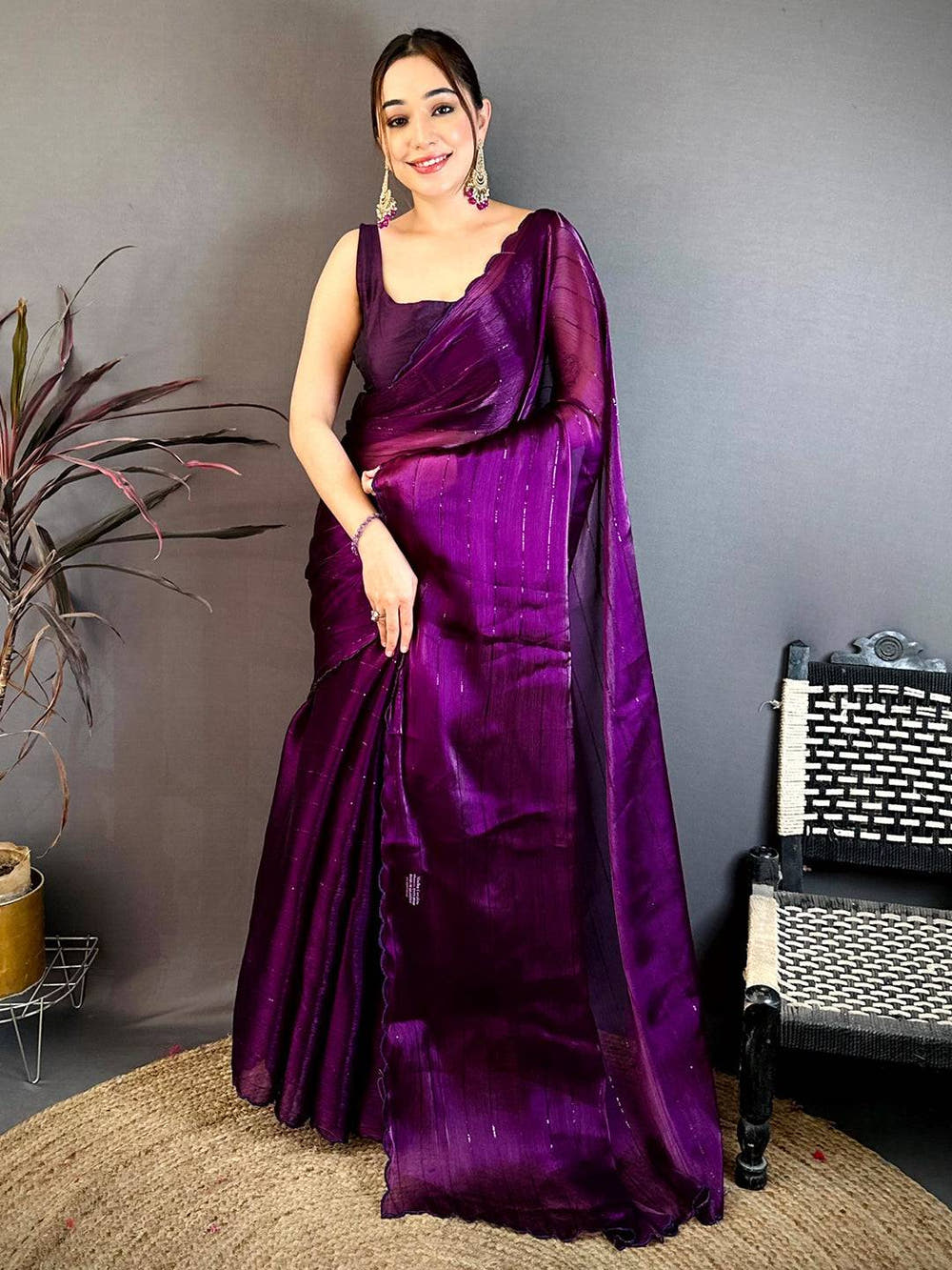 Wine Soft Chinon Chiffon Embroidered Saree
