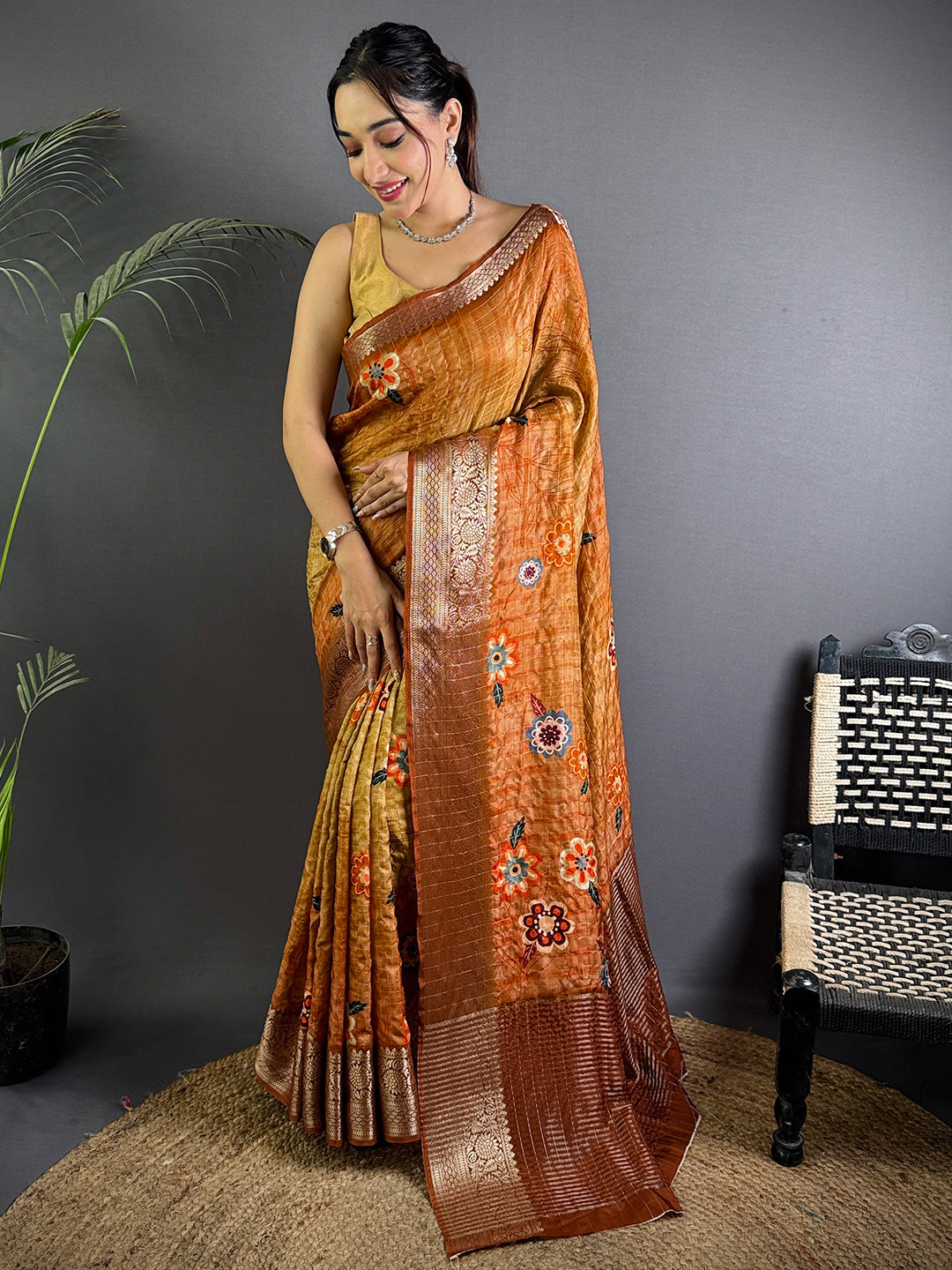 Orange Floral Printed Viscose Saree
