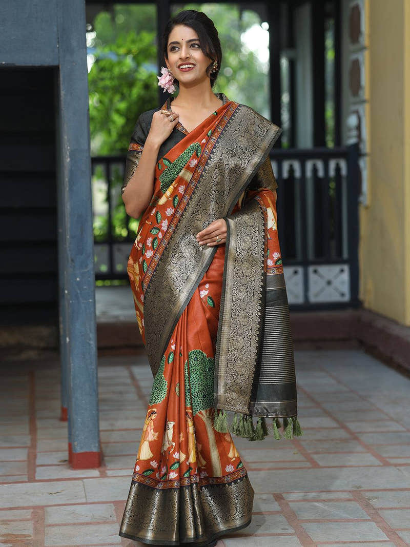 Pichwai Print Zari Weaving Pallu Saree In Brown Colour - Luxe