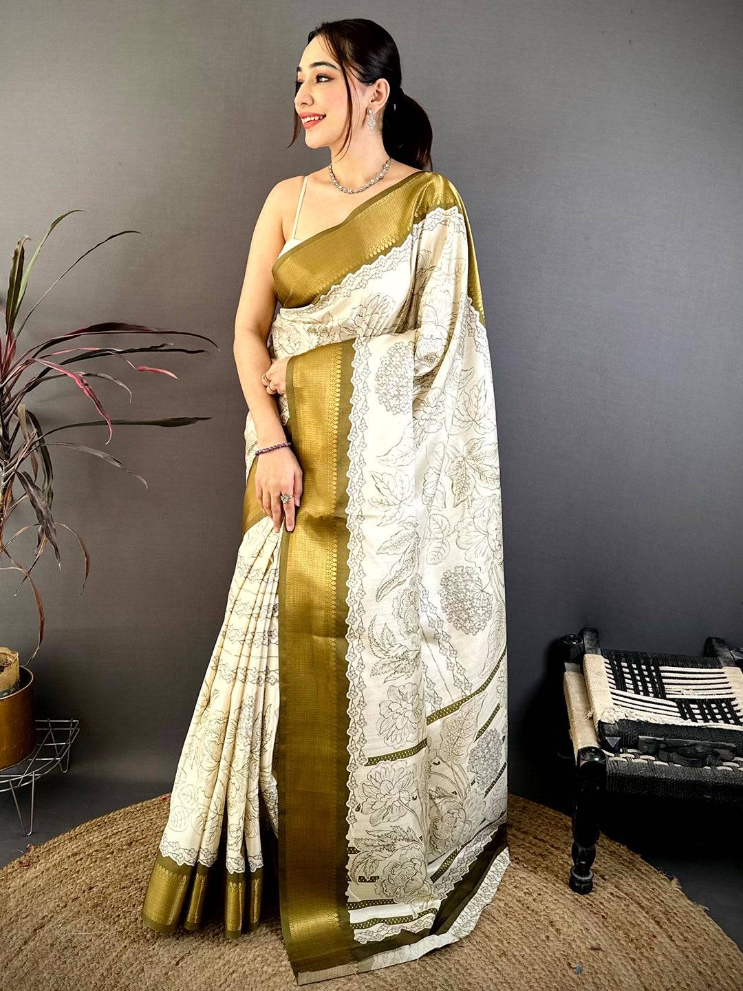 Royal Gold Zari Border Floral Silk Saree