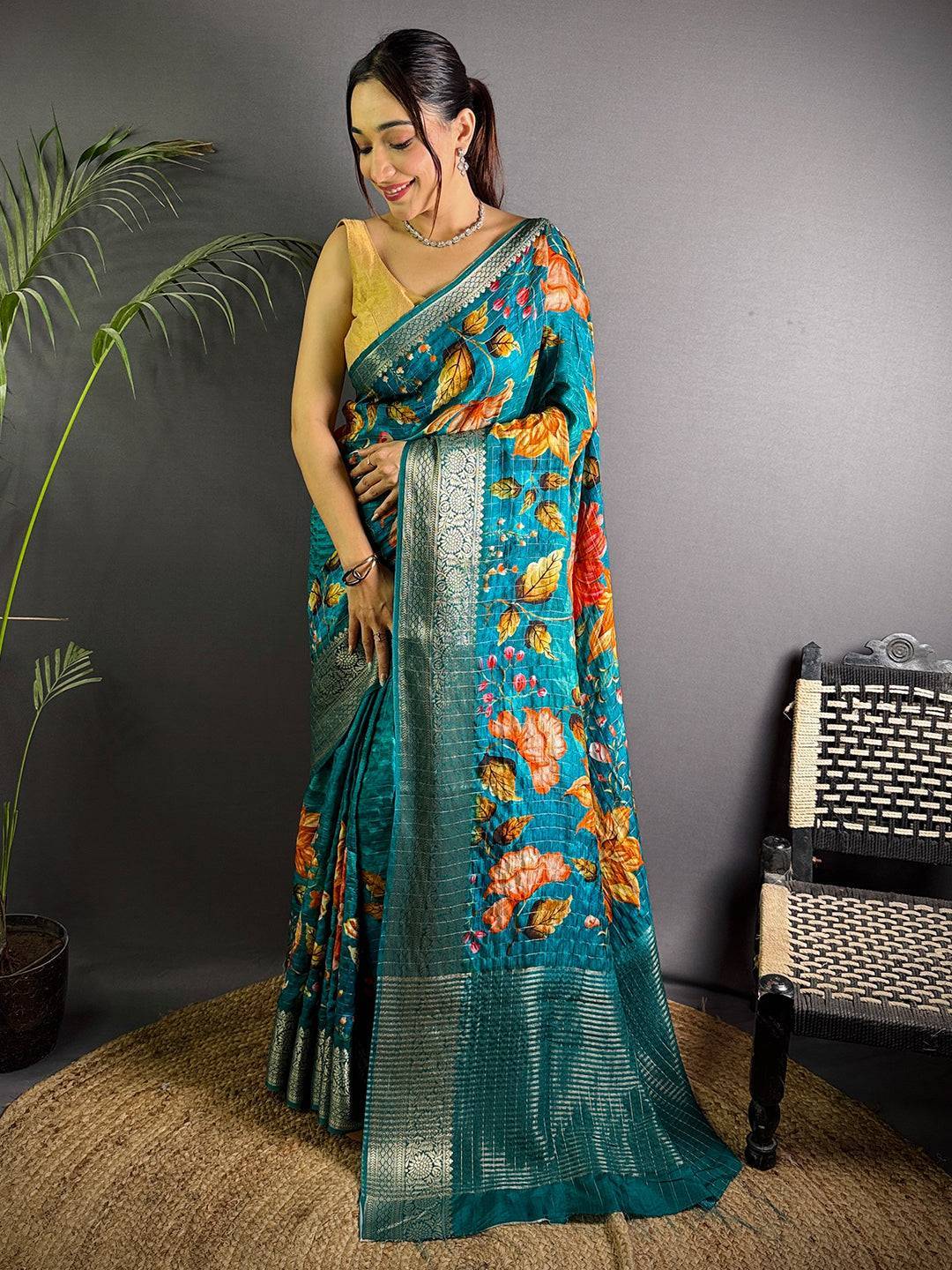 Teal Blue Pure Viscose Kalalmkari Print Saree


