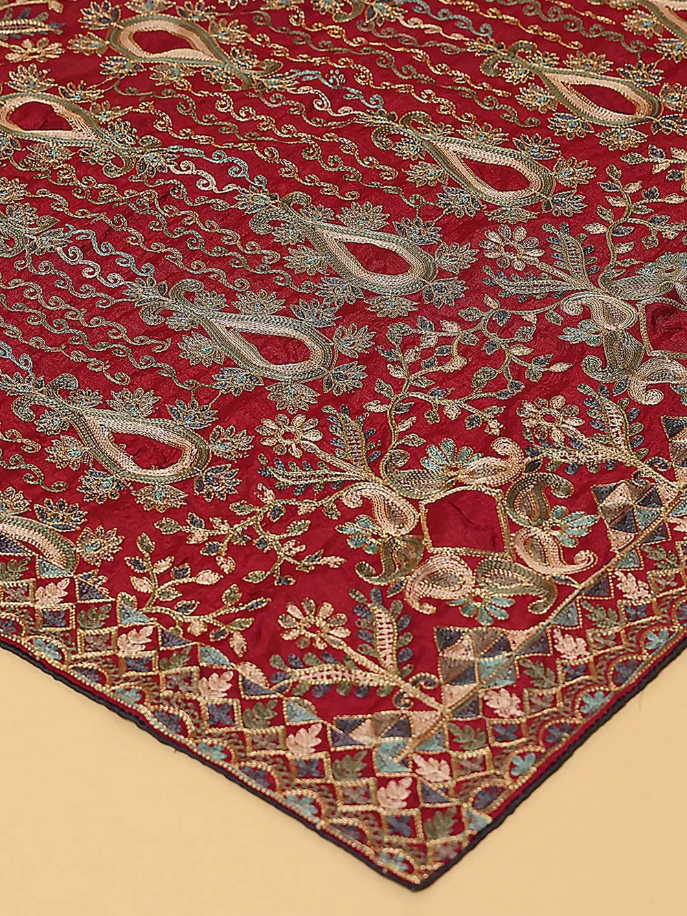 Close-up of wine poly chiffon pashmina dupatta embroidery