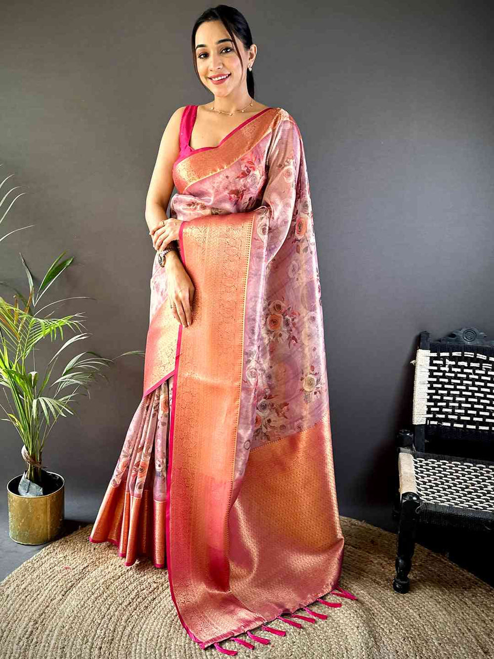 Purple Floral Gold Zari Tissue Saree