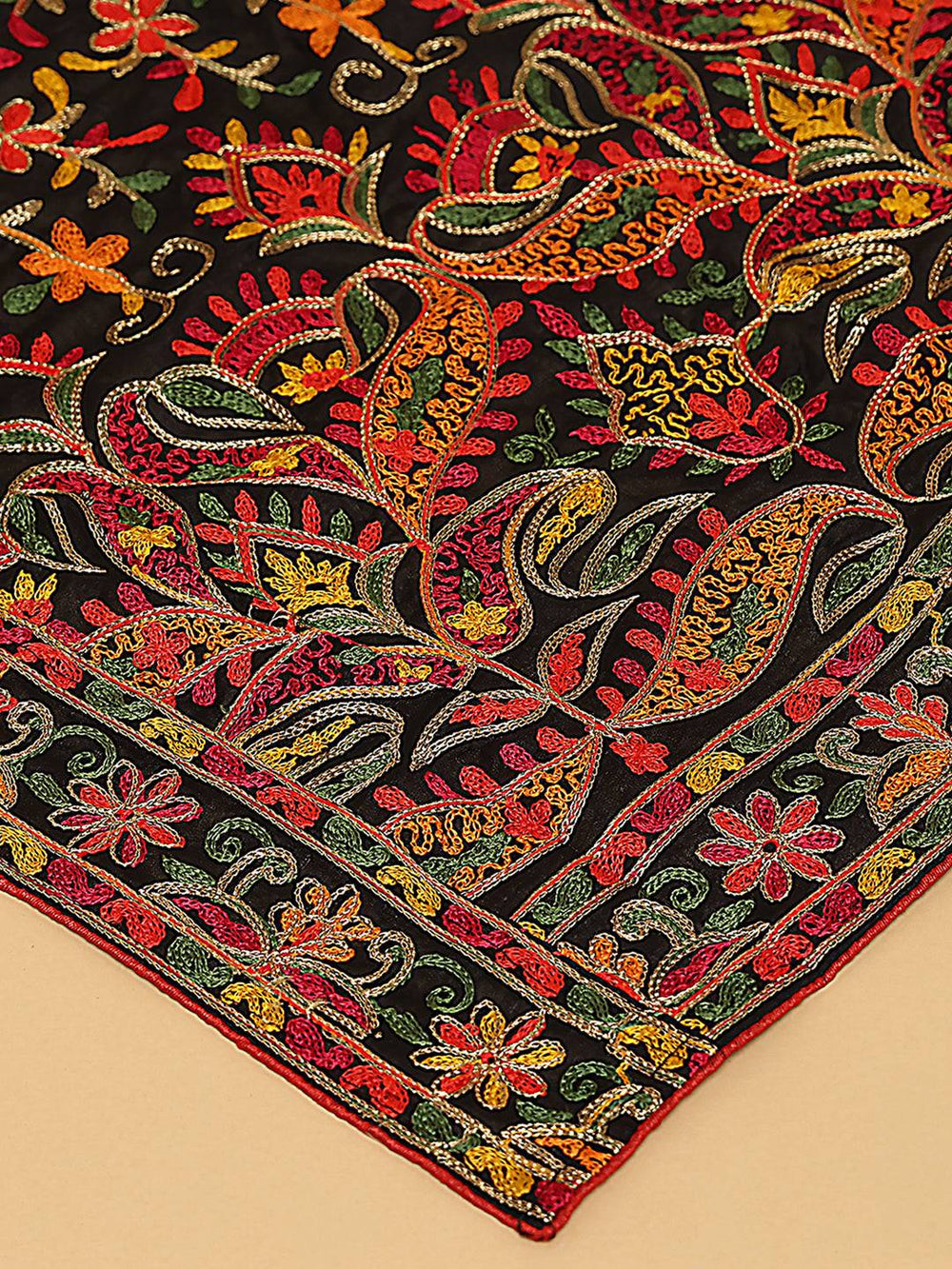 Close-up of colorful threadwork on poly chiffon pashmina dupatta