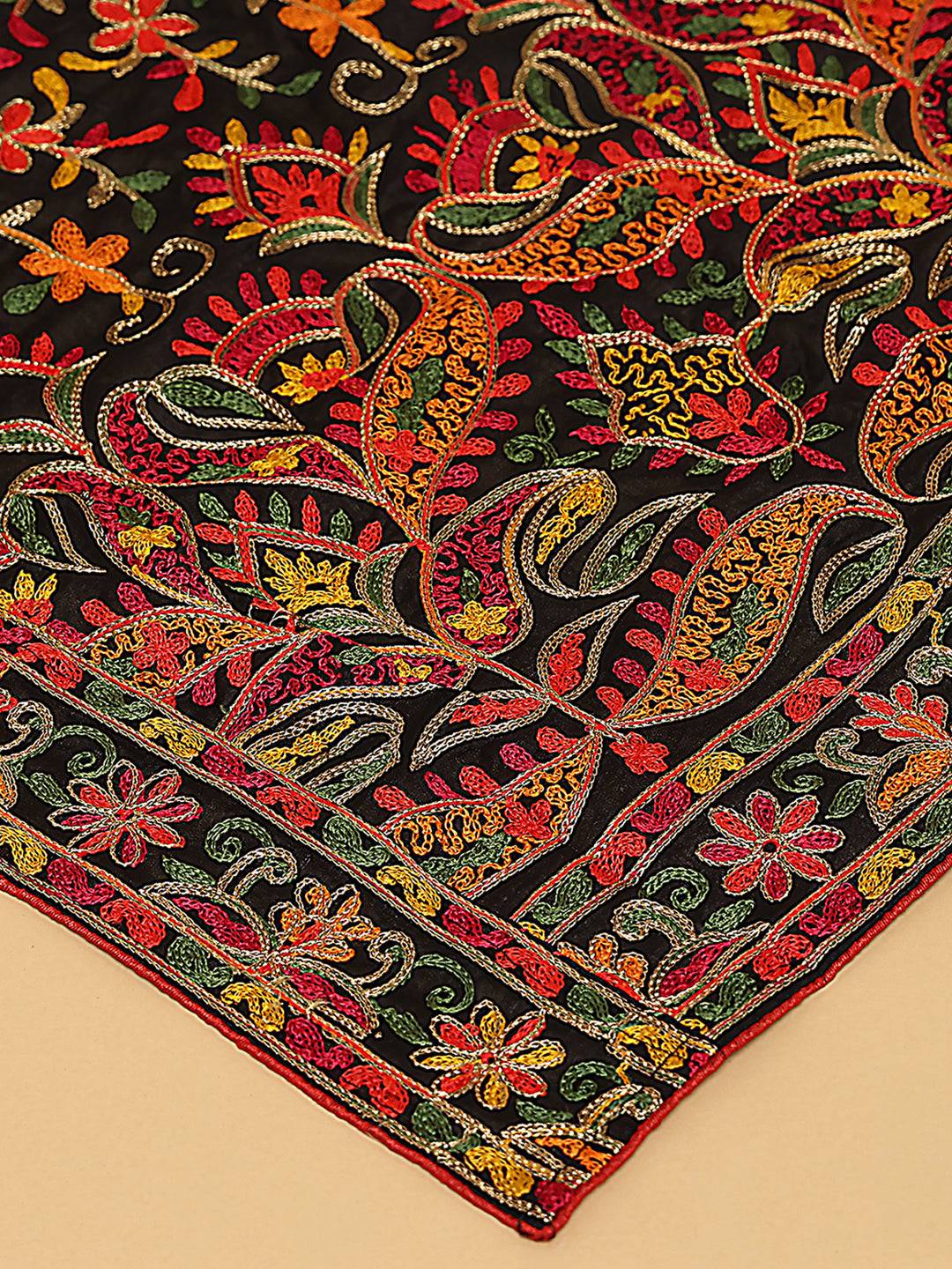 Close-up of colorful threadwork on poly chiffon pashmina dupatta