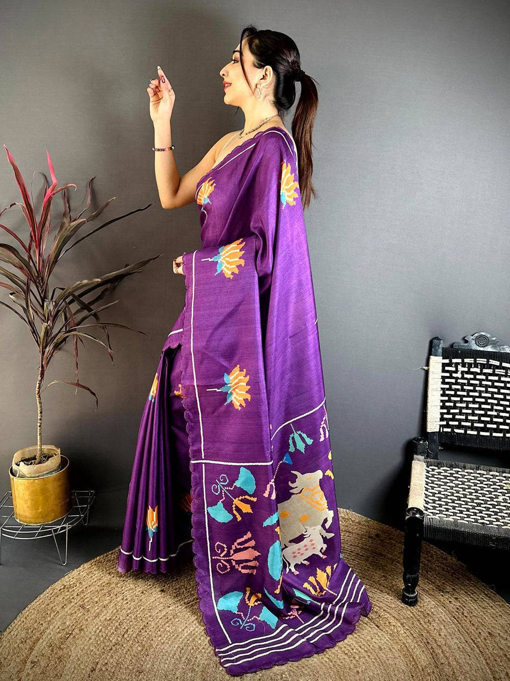 Classic Purple Tussar Thread Work Saree
