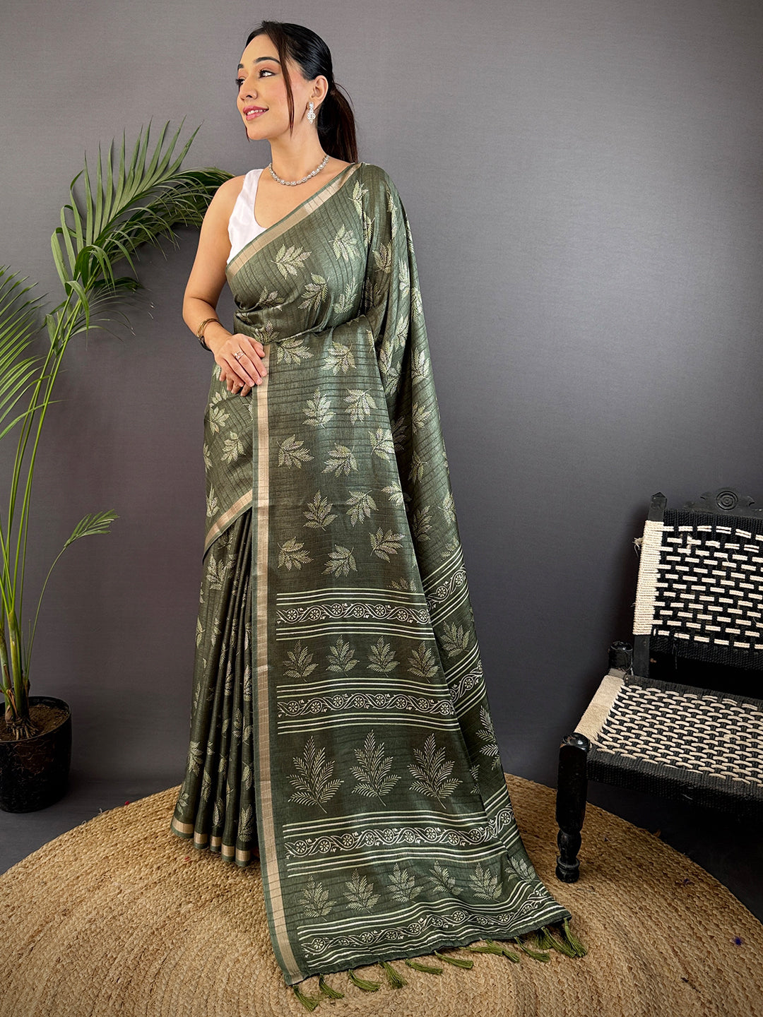 Olive Leaf Print Ghicha Handloom Saree