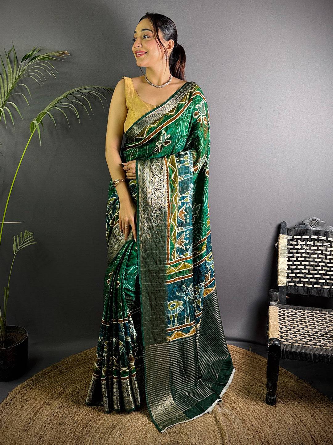 Green Pure Viscose Tribal Floral Print Saree