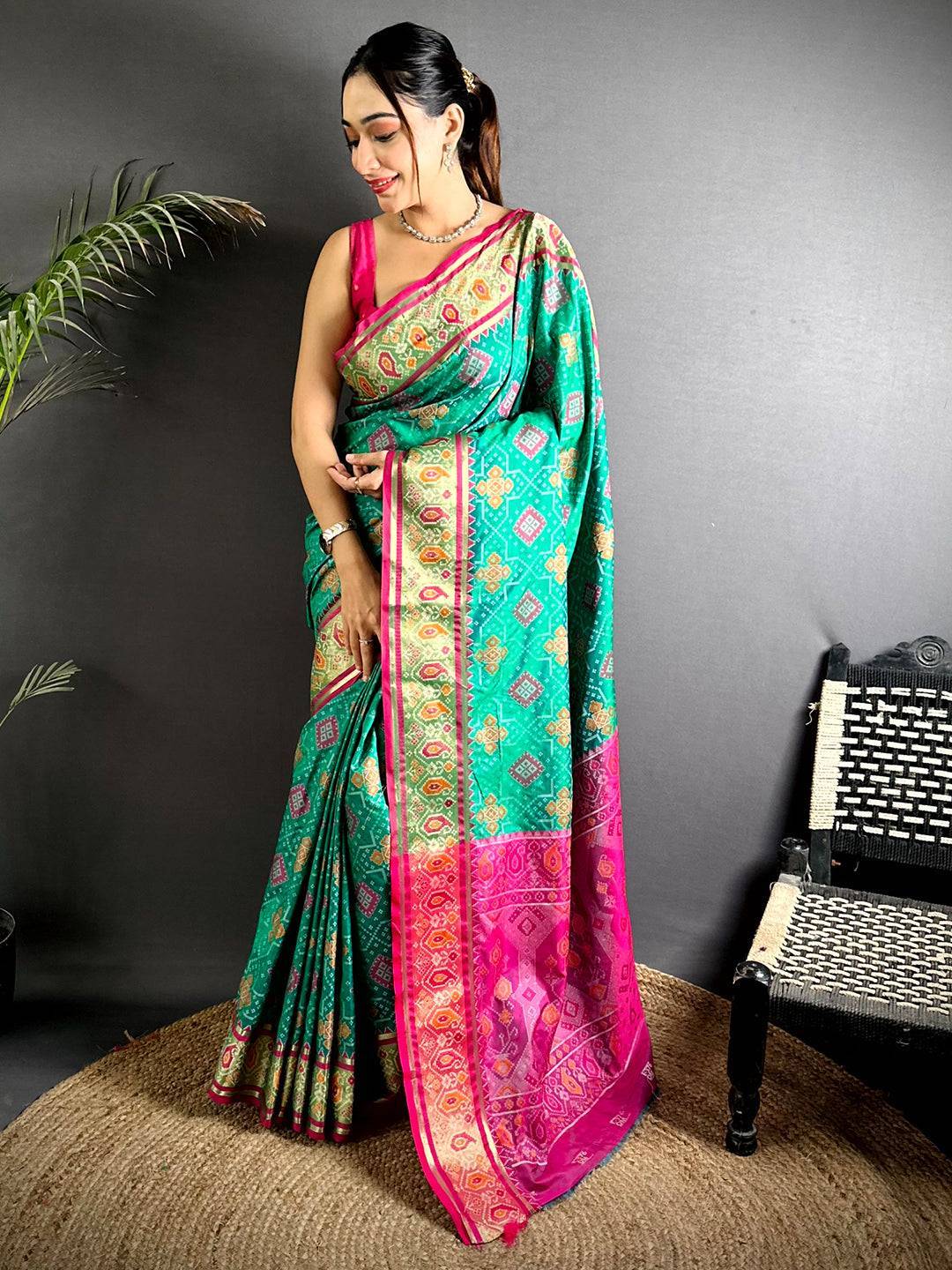 Sky Soft Silk Saree With Patola Weaving

