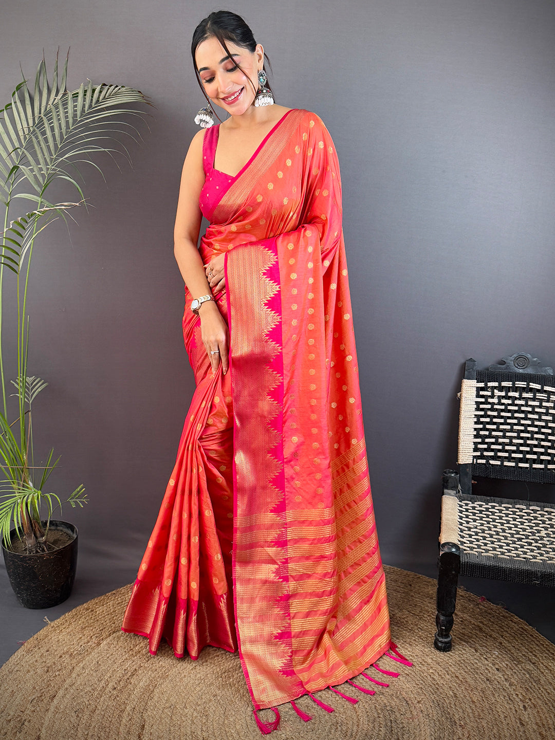 Orange Hand Dyed Raw Silk Saree