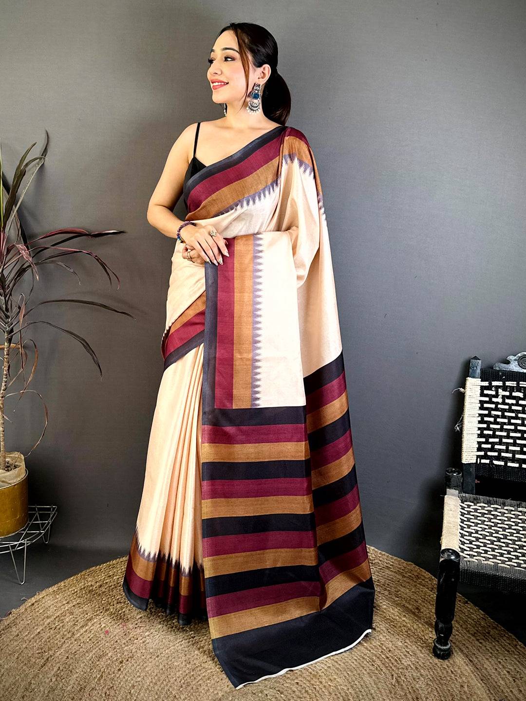 Elegant Tussar Ikat Temple Border Saree