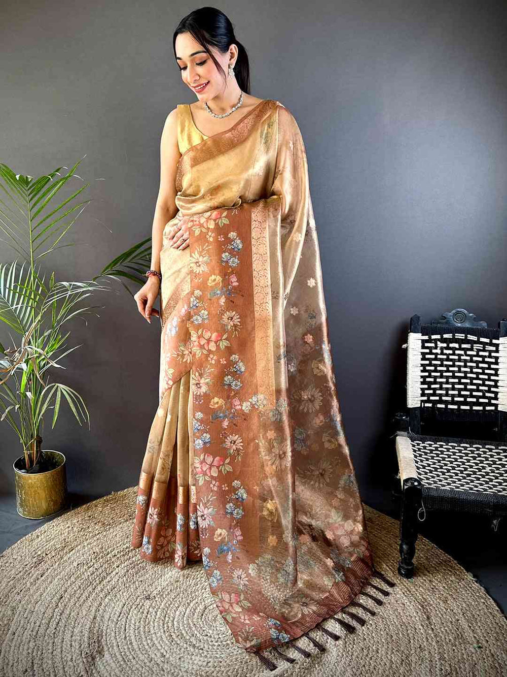 Mustard Tissue Digital Floral Saree