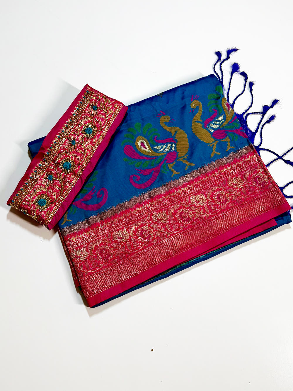 Regal Minakari Peacock Soft Silk Saree With Maggam Blouse