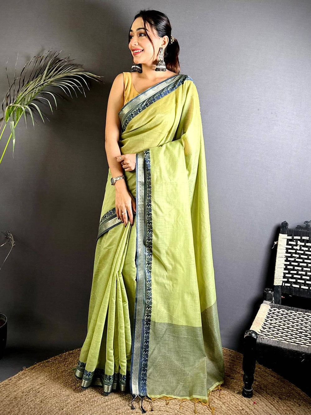 Pure Olive Cotton Linen Saree