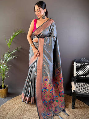 Dark Grey Copper Elegance Soft Silk Saree