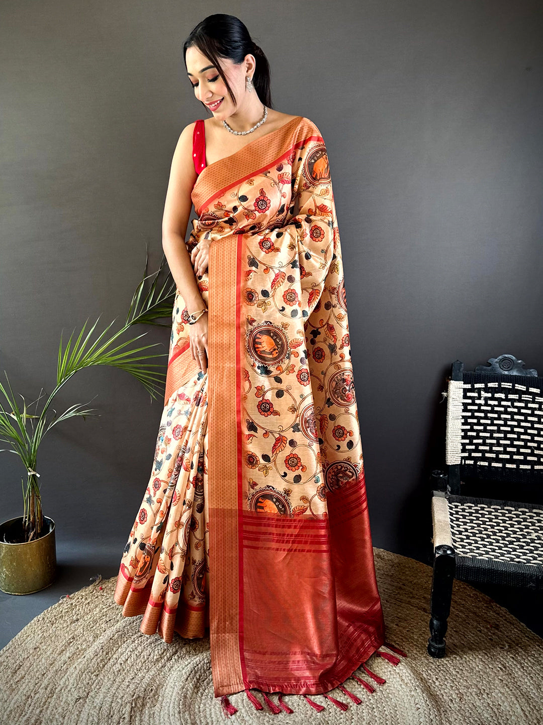 Beige Digital Kalamkari Printed Tussar Silk Saree