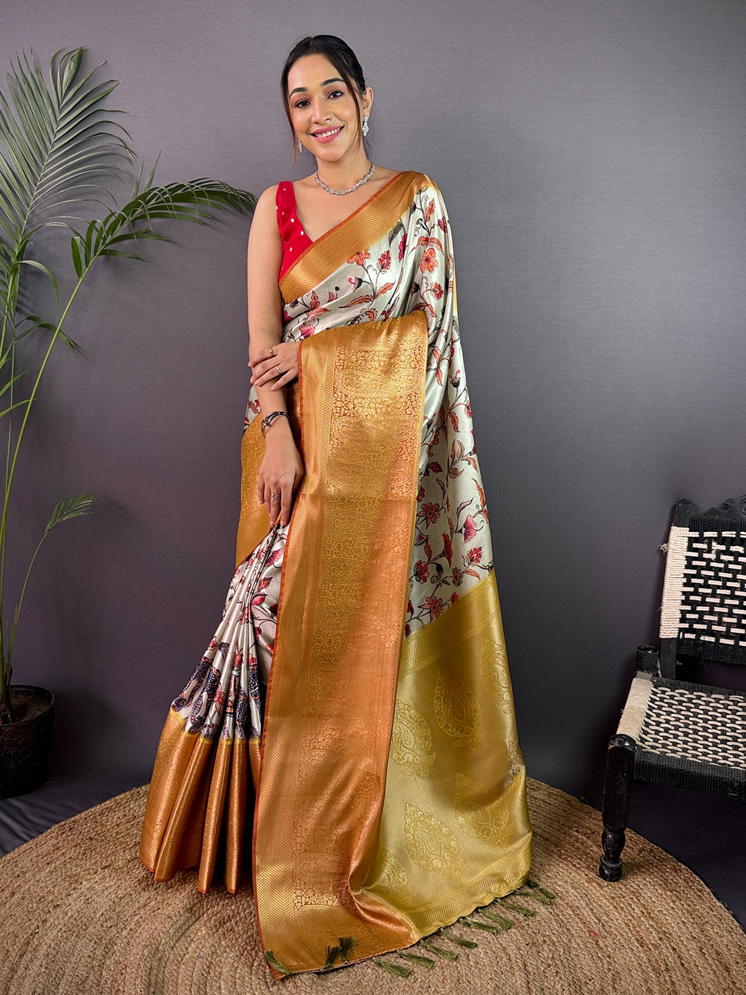 Mint Green Cherry Satin Kalamkari Saree