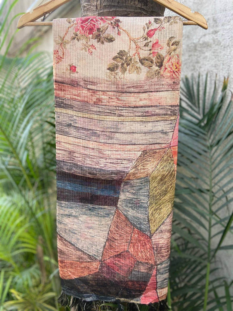 Light Peach Colour Soft Kota Doriya Silk Saree With Flower & Abstract Prints