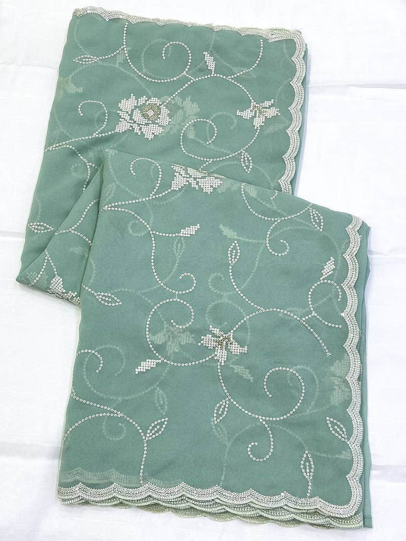 Pista Georgette Sequin Embroidery Saree