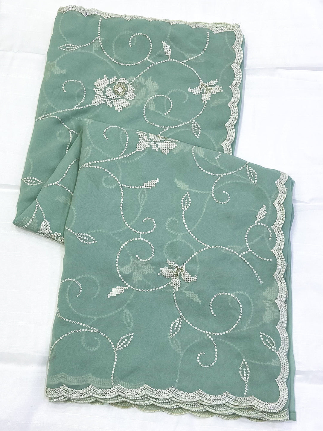 Pista Georgette Sequin Embroidery Saree