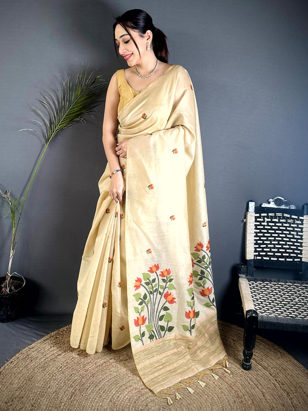 Cream Ghicha Minakari Weave Saree