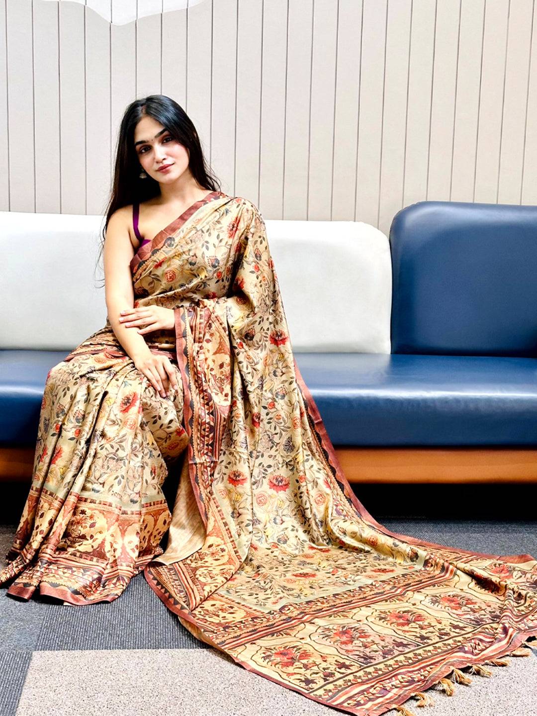 Olive Tussar Silk Flower Pashmina Print Saree draped elegantly