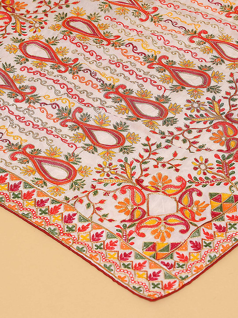 Close-up of intricate embroidery on pashmina dupatta
