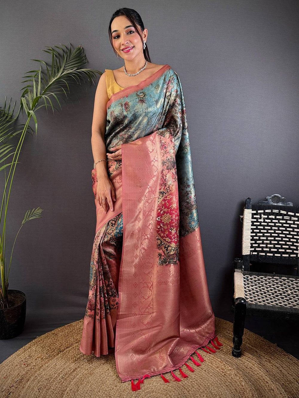 Regal Blue Kanjivaram Silk Digital Print Saree