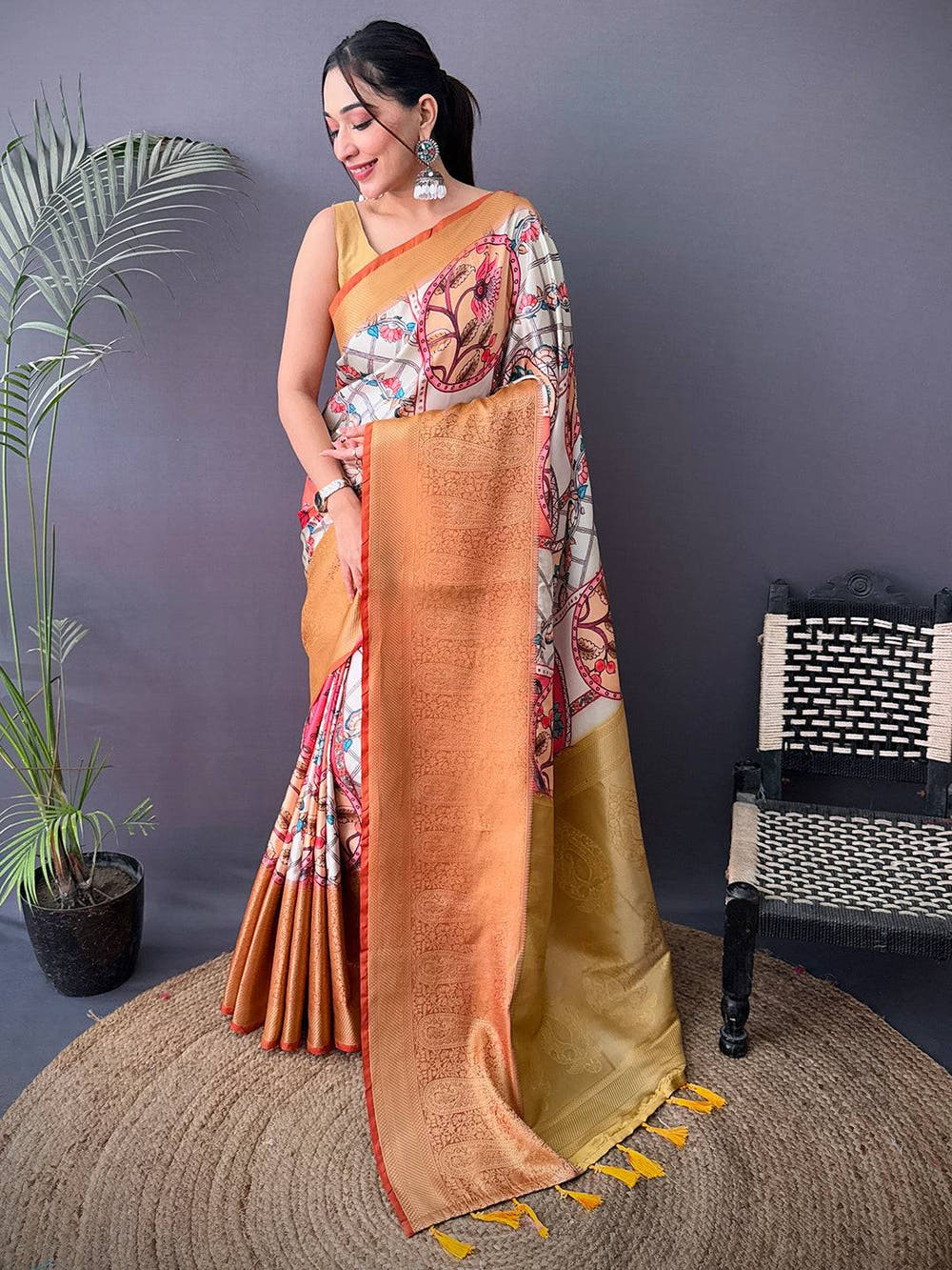 Elegant Cherry Satin Kalamkari Printed Saree