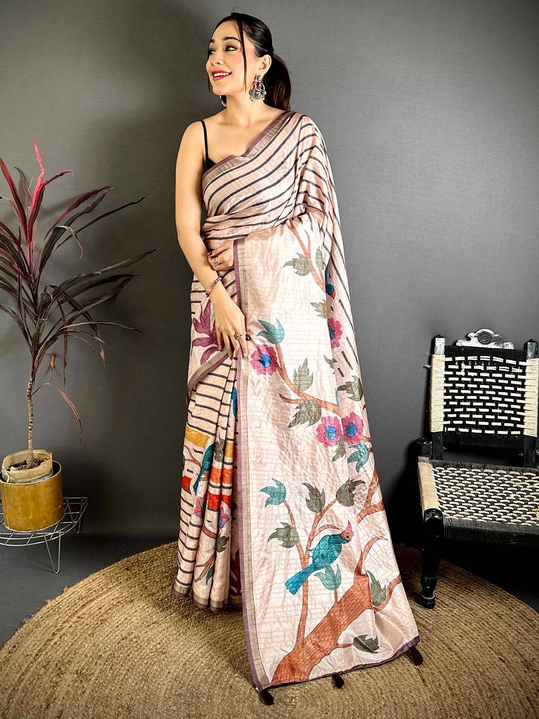 Beige Tussar Ghicha Floral Bird Saree