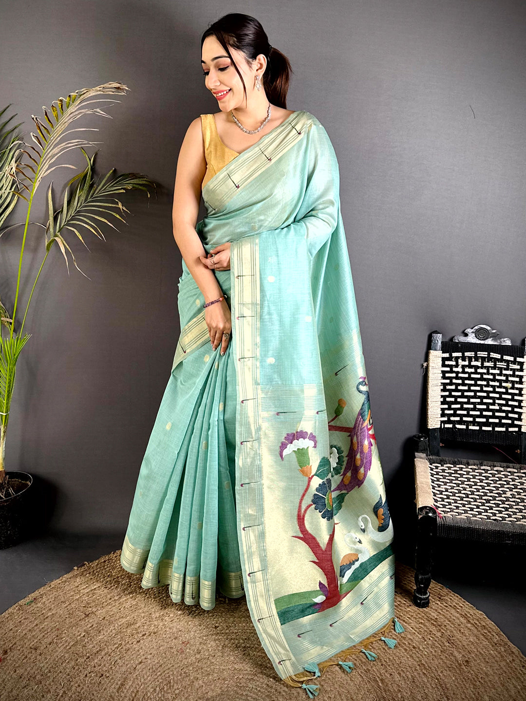 Sky Blue Minakari Grace Khadi Linen Saree


