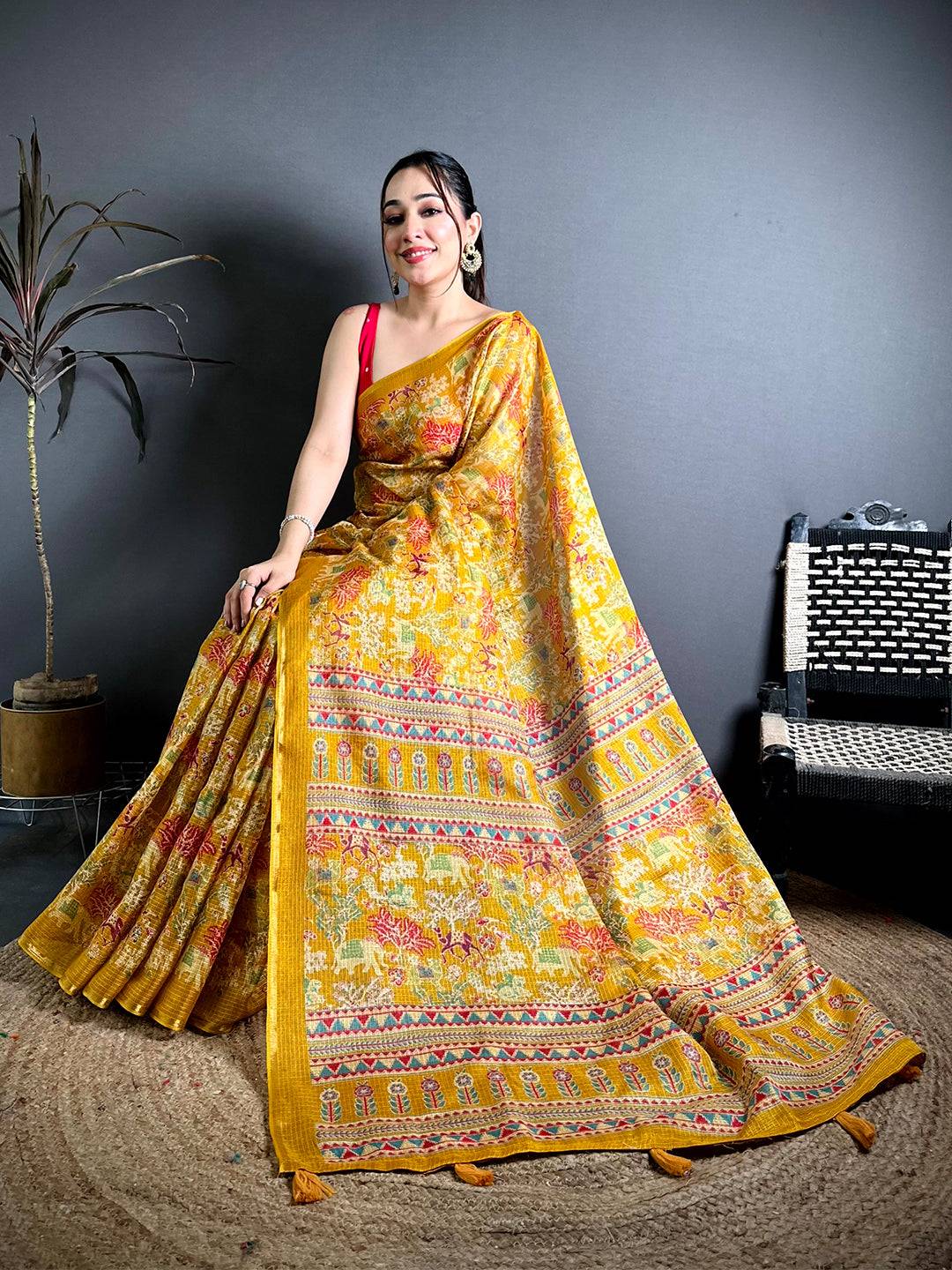 Mustard Kota Doriya Kalamkari Print Saree