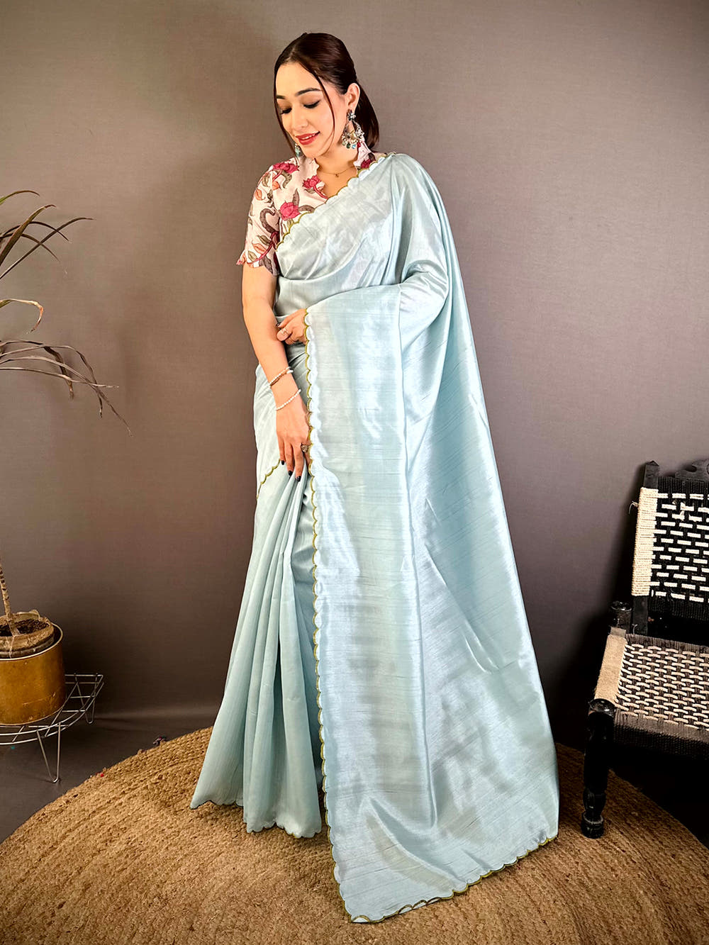 Tussar Silk Resham Embroidery Cutwork Saree