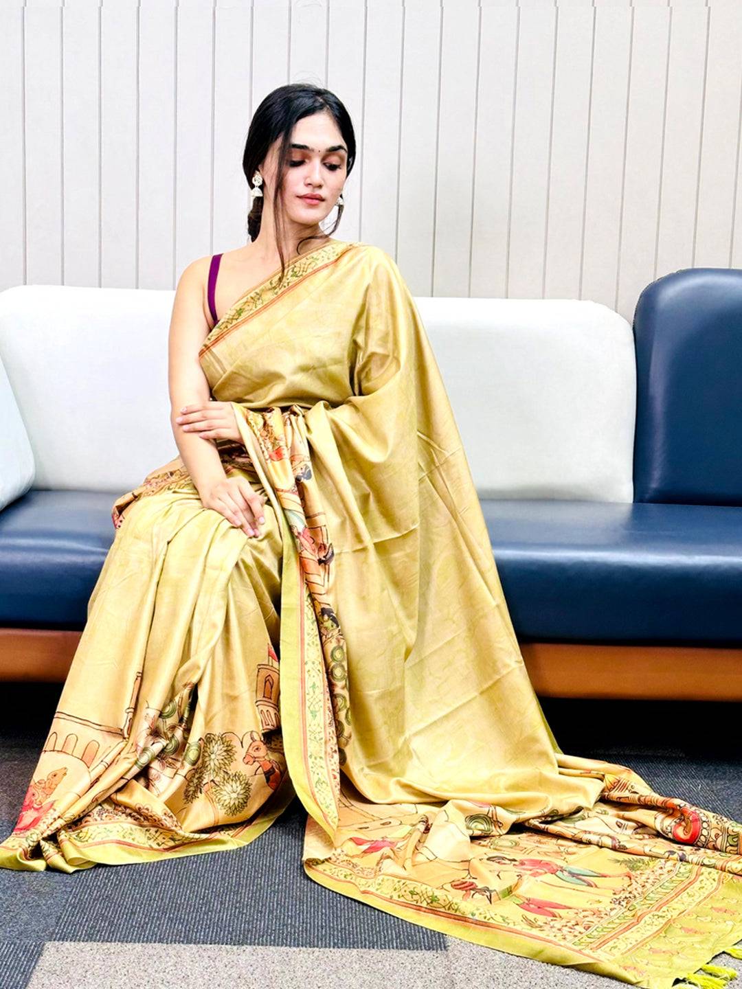 Kalamkari print saree in light green, perfect for ceremonies