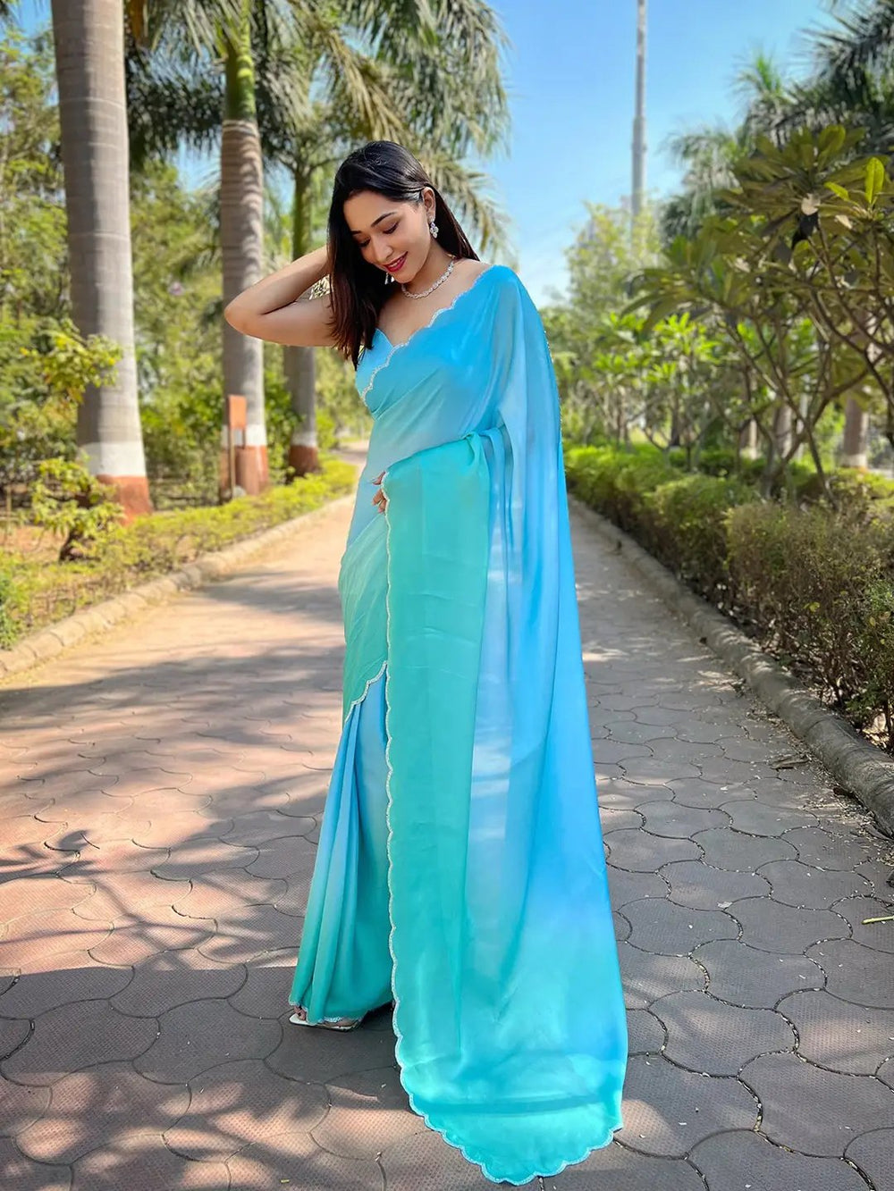  Sky Blue Colour Satin Georgette Saree with Ombre Print