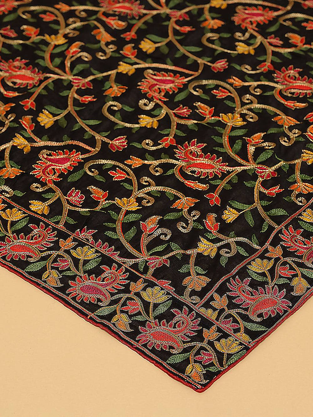 Close-up of black chiffon dupatta with detailed threadwork