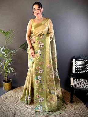 Pista Tissue Digital Floral Saree