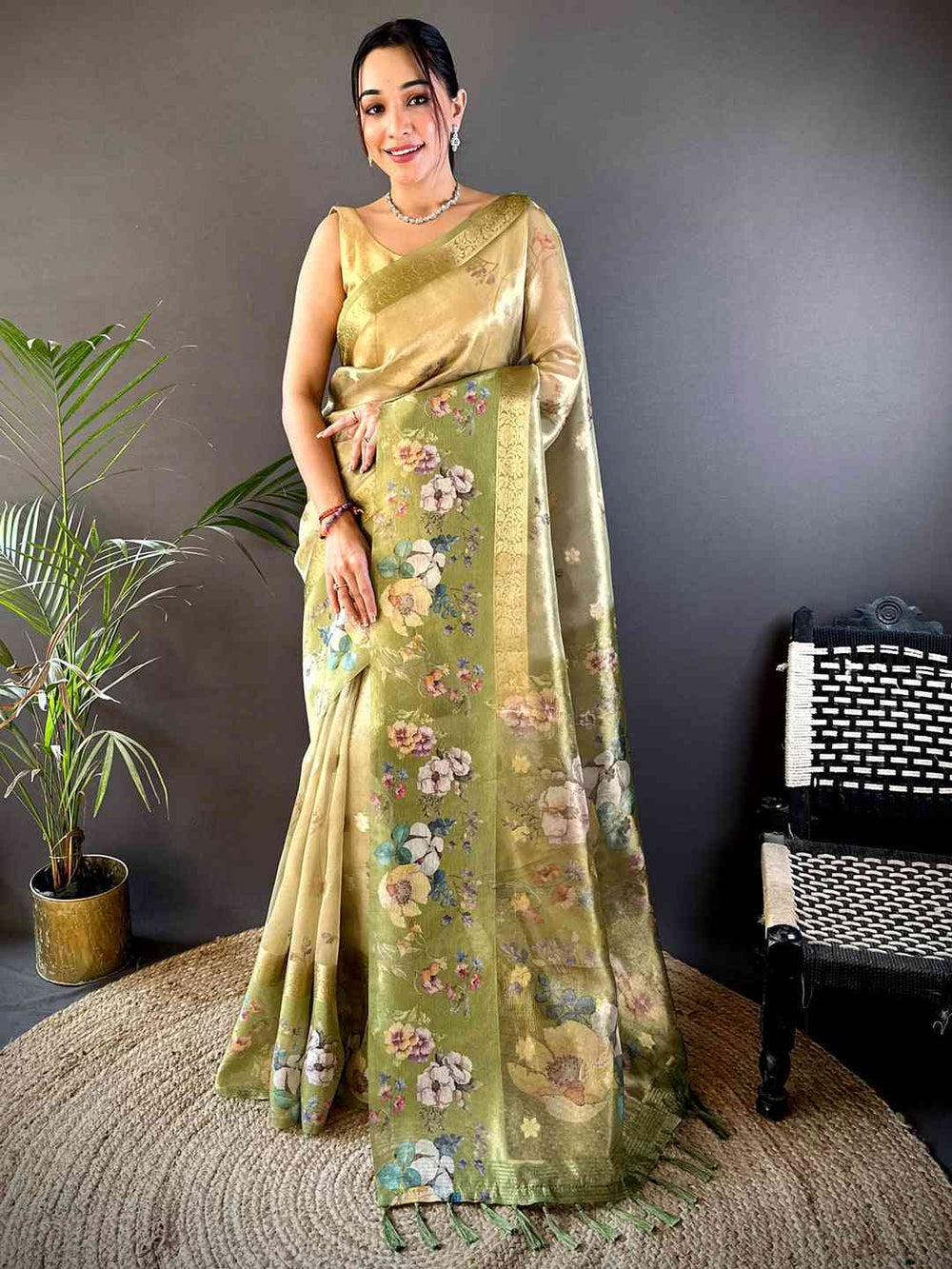 Pista Tissue Digital Floral Saree