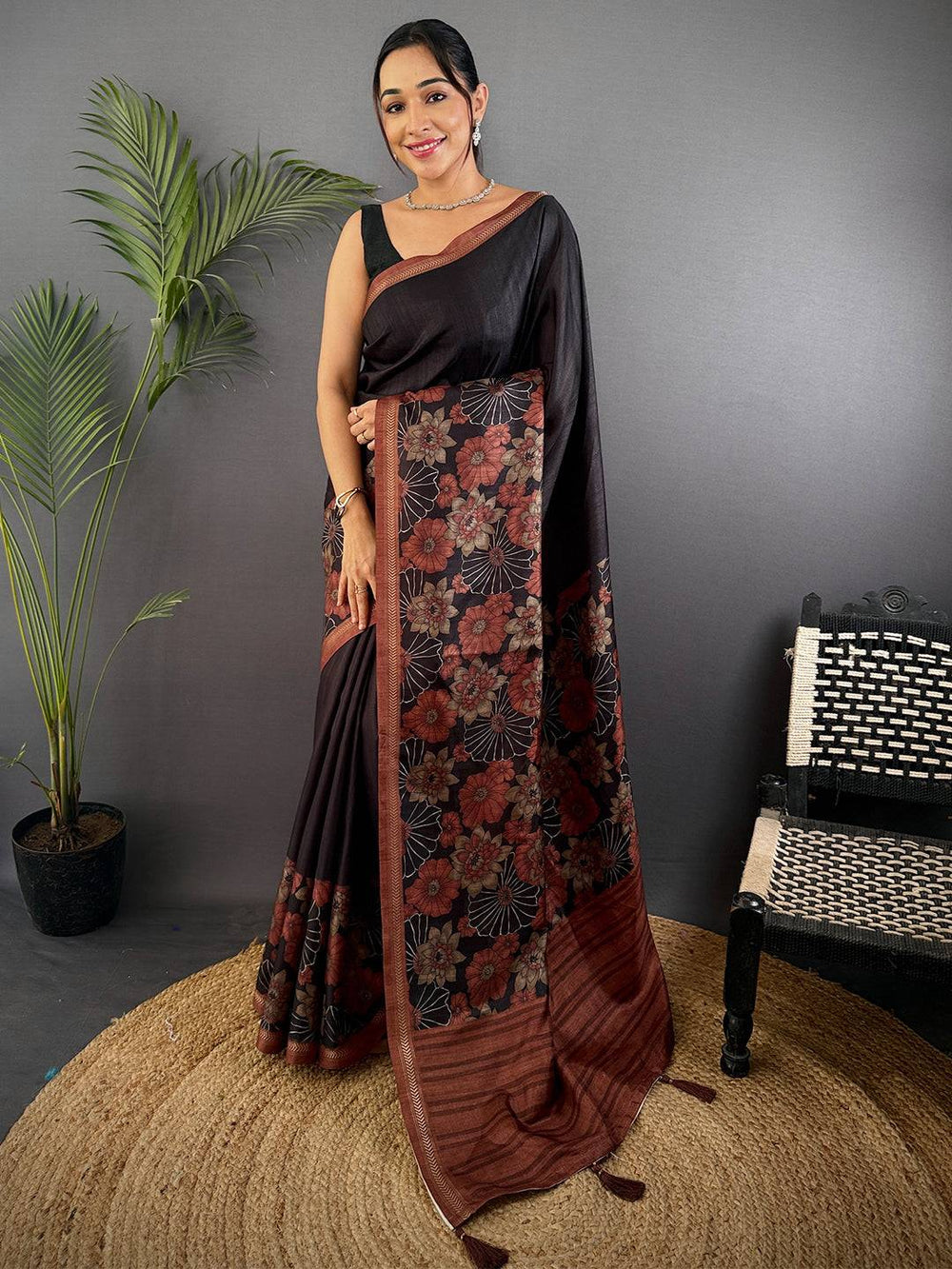 Brown Ghicha Tussar Silk Floral Saree