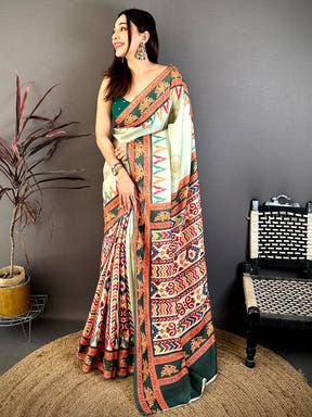 Pista Tanjore Ikkar Digital Tussar Saree