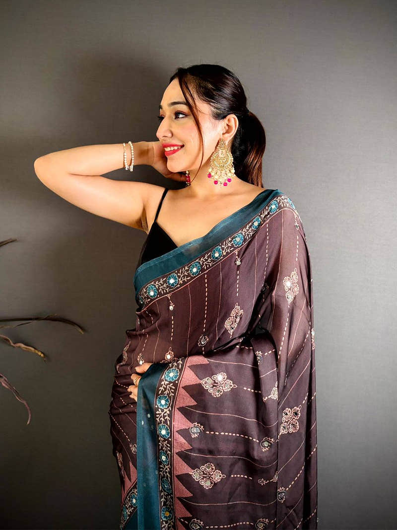 Coffee Brown Ajrakh Digital Printed Saree