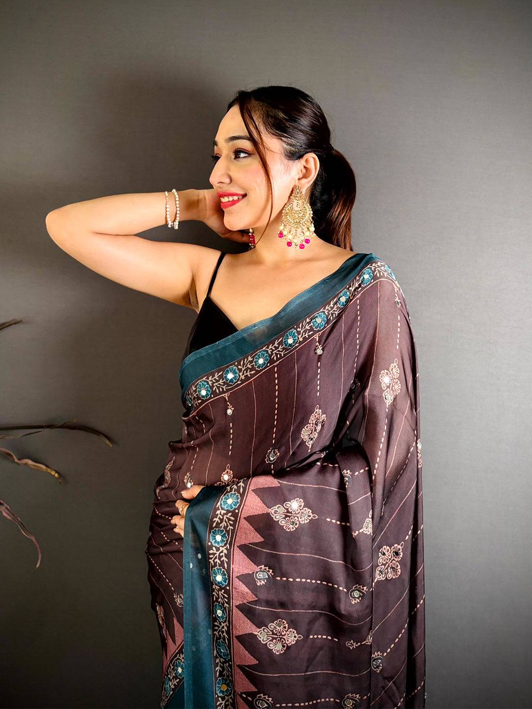 Coffee Brown Ajrakh Digital Printed Saree