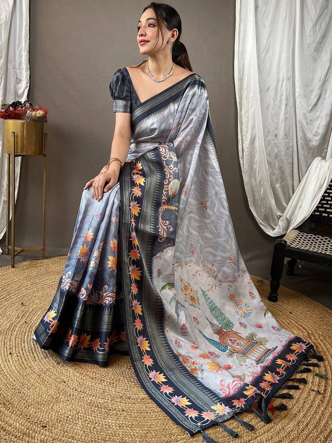 Graceful Dove Grey Kota Saree with detailed satin border