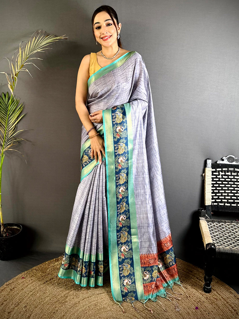 Steel Grey Tanjore Print Silk Saree