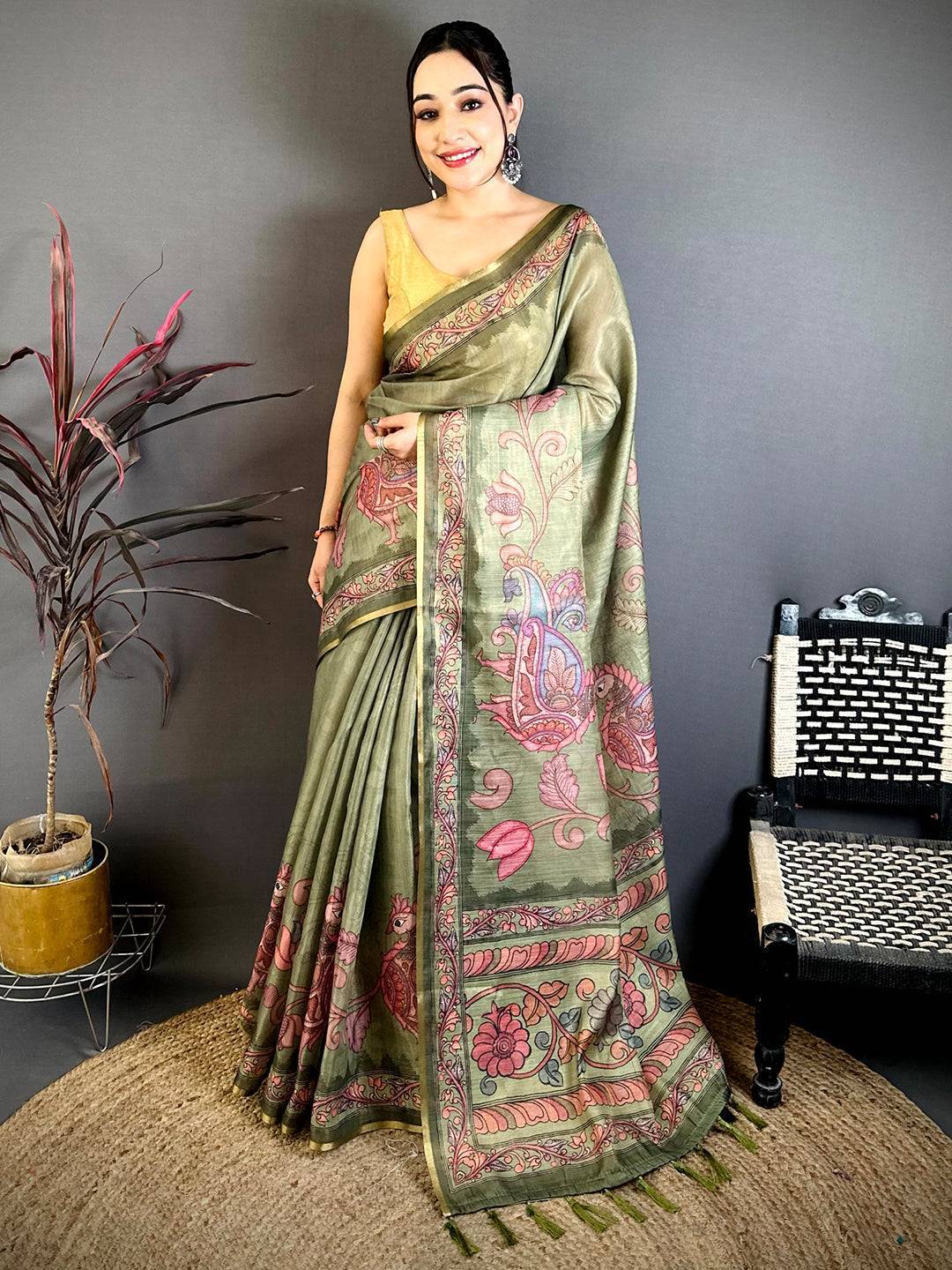 Olive Vintage Pen Kalamkari Chanderi Saree